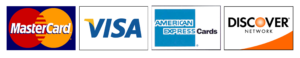 Credit card logos: MasterCard, Visa, Amex, Discover.
