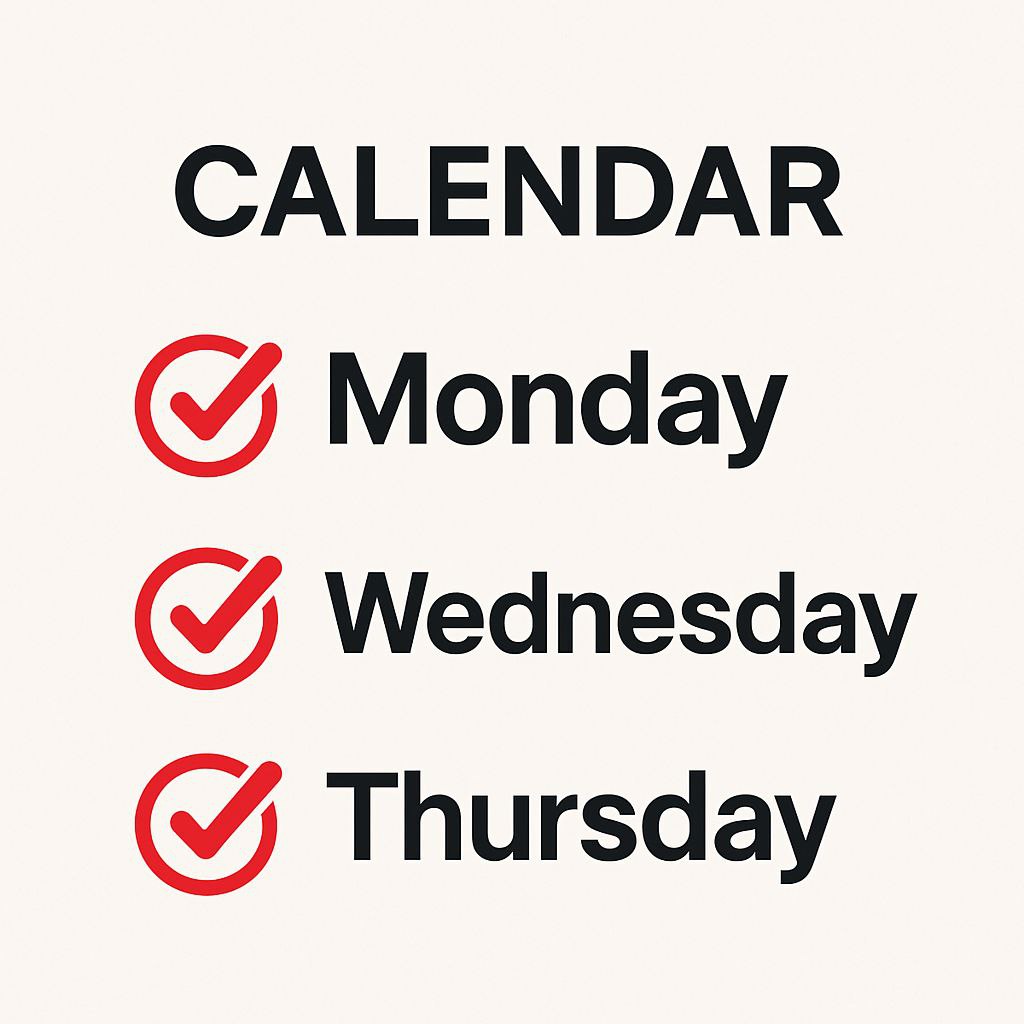 Calendar: Monday, Wednesday, Thursday with checkmarks.
