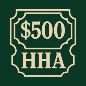 $500 HHA emblem on green background.