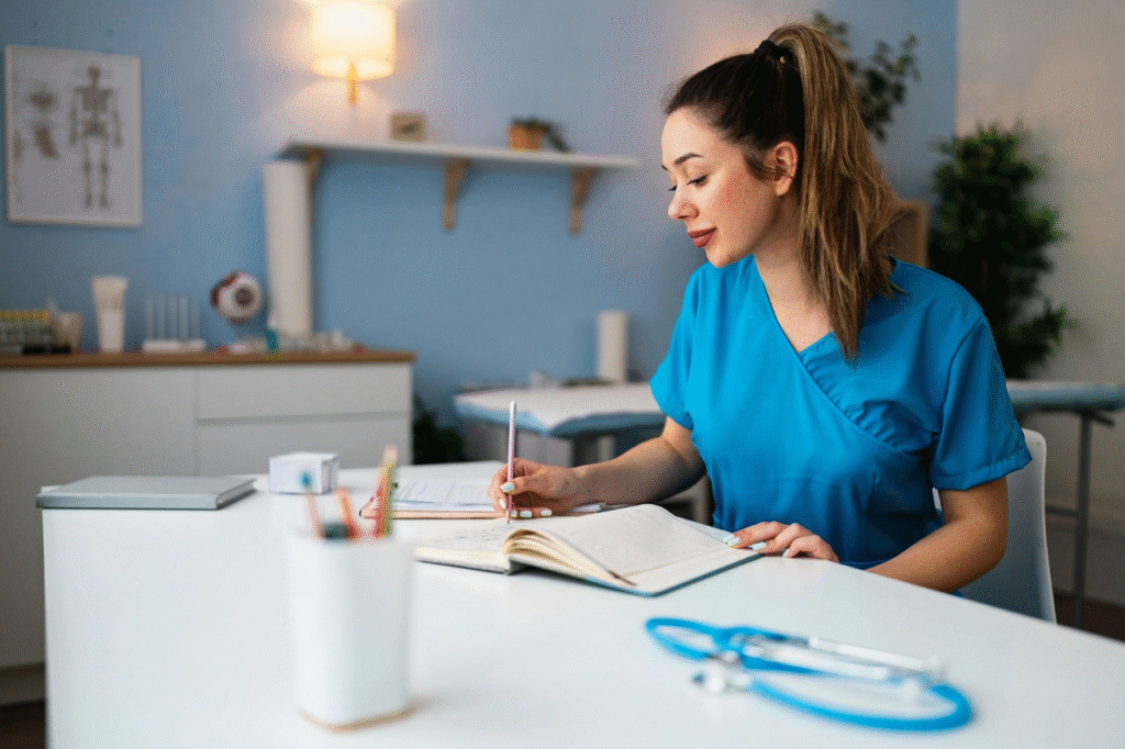 Nurse writing notes at a medical desk.