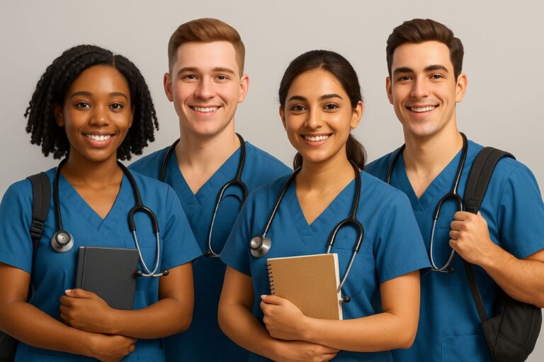 Medical students smiling with stethoscopes and books.