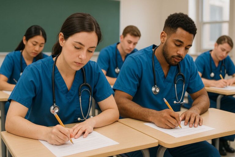 Medical students taking notes in a classroom.