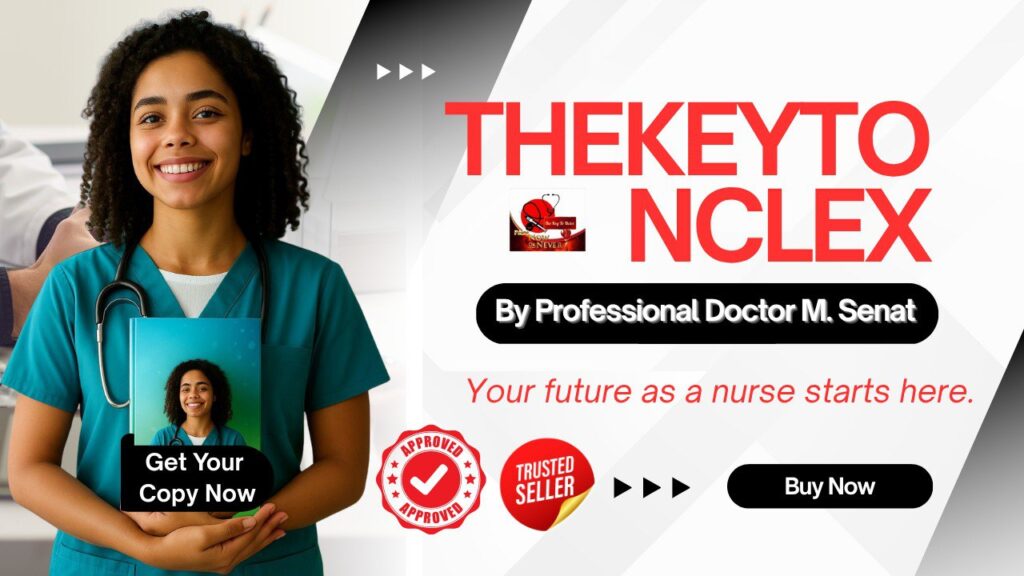Nurse holding book, "The Key to NCLEX".